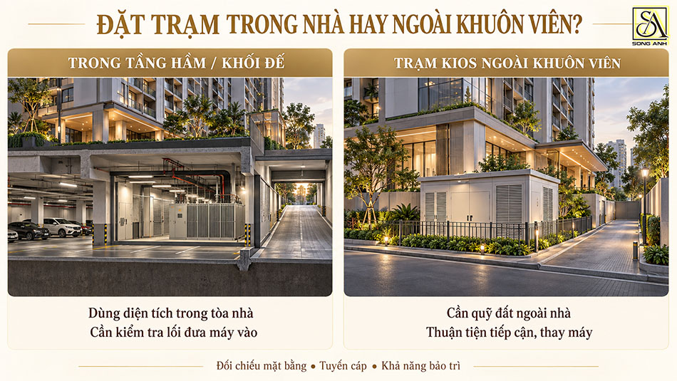 So sánh trạm biến áp trong tầng hầm và trạm kios ngoài khuôn viên
